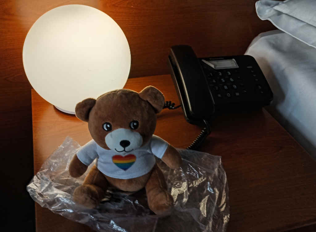 Mx Liebe on the bedside table of another hotel room